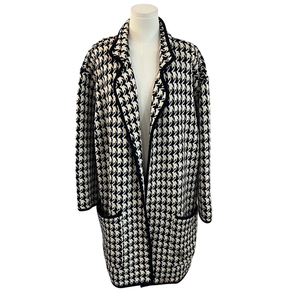 Vintage Adrienne Vittadini Italy Wool Houndstooth Knit Coatigan Cardigan L - Picture 2 of 10